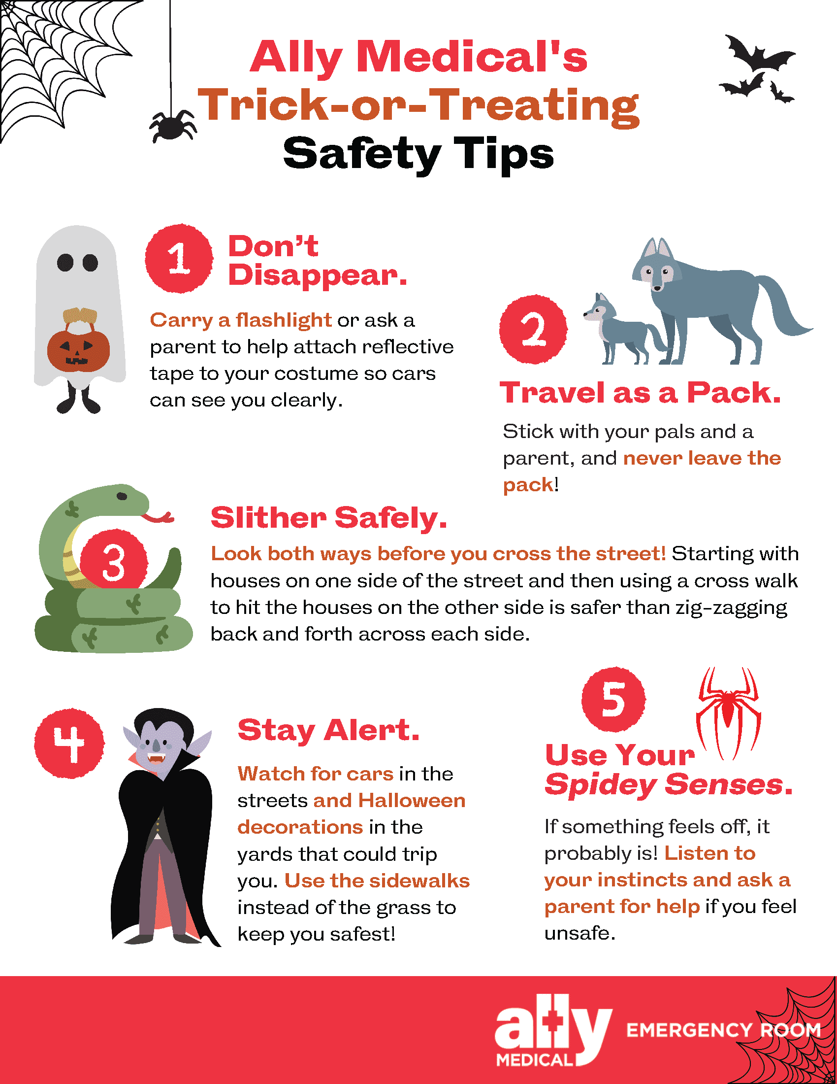 An infographic with a list of tips for safe trick-or-treating. Click the link to download a pdf with embedded text.