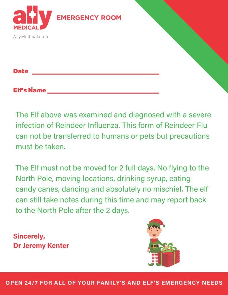 Doctor's note for reindeer flu elf on the shelf